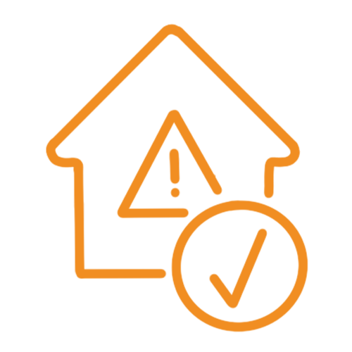 Icon of a house with a exclamation mark and a tick symbol