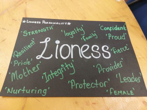 A collection of words from participants including 'lioness' at the centre